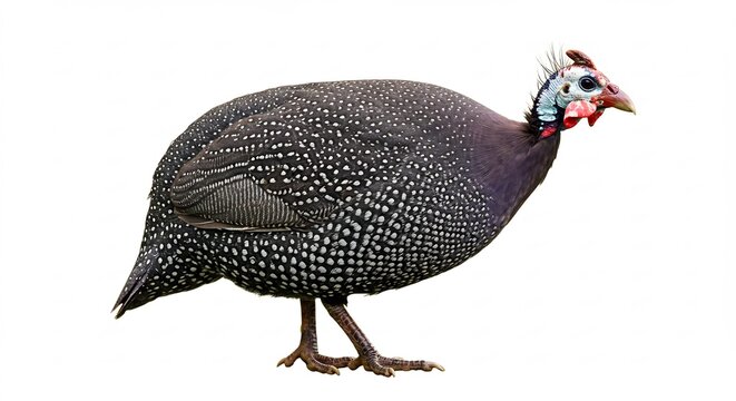 Helmeted Guinea Fowl Portrait: A striking helmeted guinea fowl, known for its distinctive patterned plumage and bare head adorned with a small casque, stands alert.