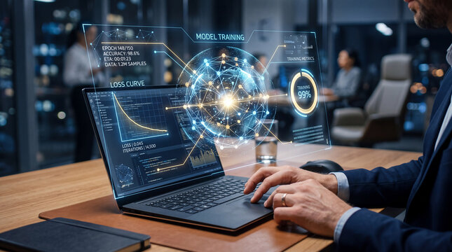 Professional typing on a laptop with a futuristic holographic AI model training, neural network globe, loss curve, and training metrics interface in an office at night