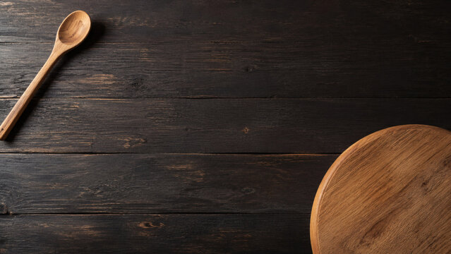 Wooden spoon and cutting board on rustic table: A simple wooden spoon and a round cutting board rest on a dark, rustic wooden table, evoking a sense of rustic charm and culinary preparation.