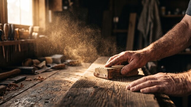 Close-up of a carpenter hands sanding a rustic wooden plank with a sanding block, creating floating sawdust in a sunlit workshop.