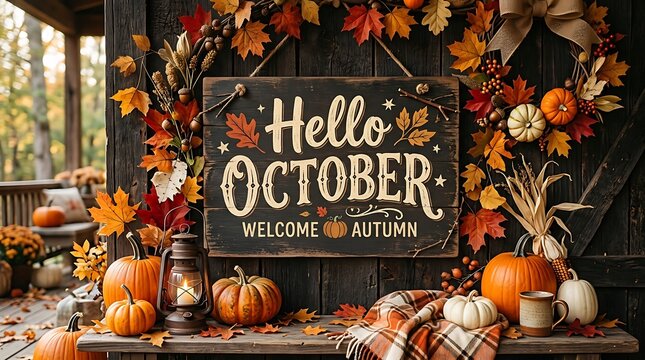 Rustic wooden sign with Hello October text surrounded by autumn pumpkins and fall foliage decorations