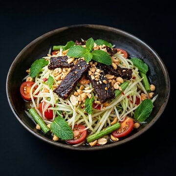 crunchy green vietnamese papaya salad gỏi kh&ocirc; b&ograve; topped with tender beef jerky strips, crushed peanuts, and fresh mint leaves,