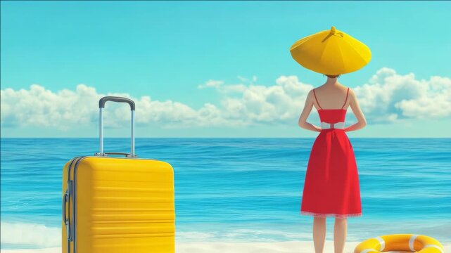 A woman standing on the beach with her suitcase and sun hat, ready for adventure.