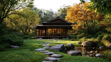 Obraz premium A serene garden scene with a traditional Japanese-style house, surrounded by lush greenery and a tranquil pond, with a pathway leading to the house and a stone bridge crossing the pond.