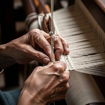 hands threading and weaving warp yarns on an authentic traditional weaving loom.