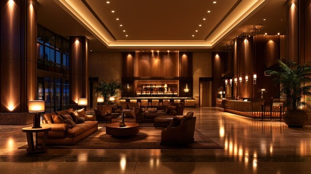 A luxurious hotel lobby with a high ceiling, large windows, and a bar area with wooden accents.