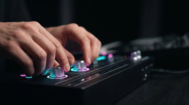 Close up of music producer hands tweaking illuminated control knobs and faders on a modern synthesizer mixing console in a dark recording studio.