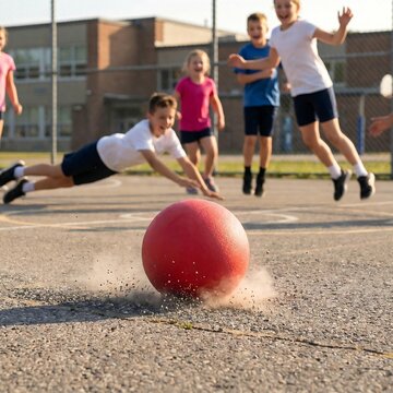 energetic children playing dodgeball on an outdoor school playground with a red ball rolling in the foreground.