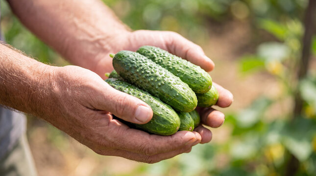 Farmer's hands holding a generous bounty of fresh organic cucumbers with dew, straight from the farm.