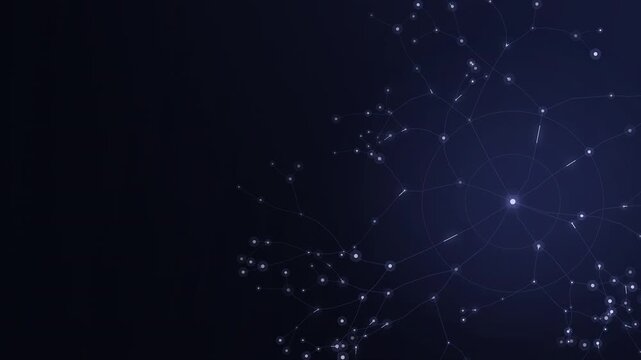 Violet cybernetic radar node with branching network lines and left copy space