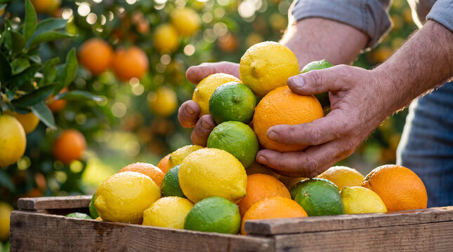 Close-up photograph of a farmer's hands carefully placing freshly harvested citrus fruits into a rustic wooden crate.
