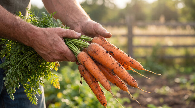 Hands holding a fresh bunch of organic carrots with green tops, earthy from a sustainable garden in golden hour.