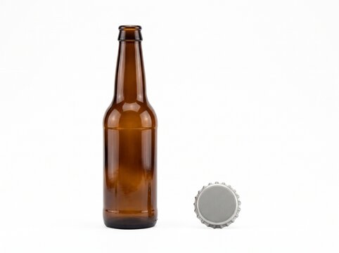 Empty Amber Glass Beer Bottle and Silver Crown Cap Isolated on White Background Studio Shot