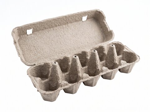 Empty open gray cardboard egg carton with ten individual compartments on a white background