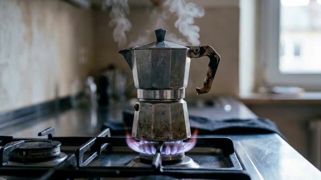 Traditional Italian Moka Pot Brewing Coffee on Gas Stove with Rising Steam
