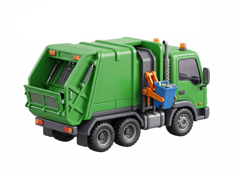 Green garbage truck with blue bin and trash on white background