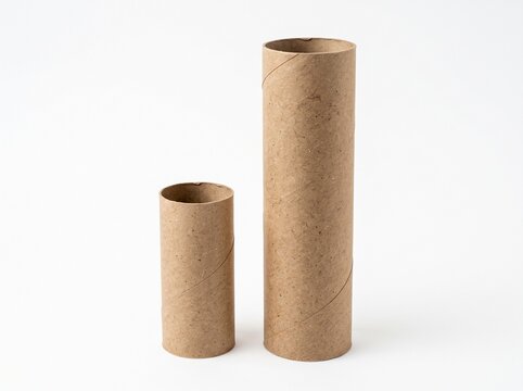 Two empty cardboard toilet paper rolls of different heights standing upright on a white background