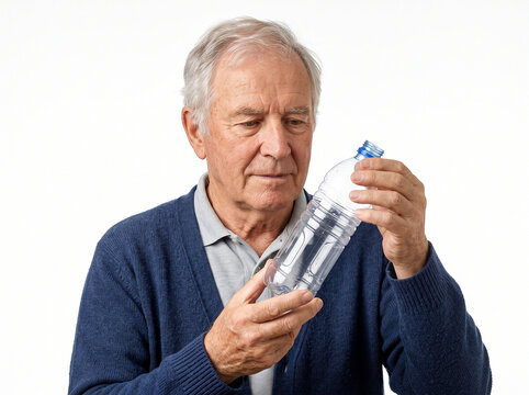 Elderly Man Examining an Empty Plastic Water Bottle with Concern on White Background