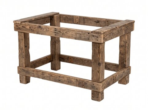 Rustic Reclaimed Wood Table Base Frame with Weathered Texture and Visible Nails Isolated on White Background