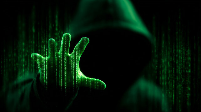 Mysterious hooded hacker reaching out towards glowing green binary code streams on a dark digital background