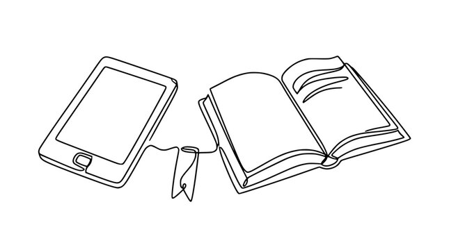 Ebook Reader and Open Book Connected by Bookmark, Continuous Line Art