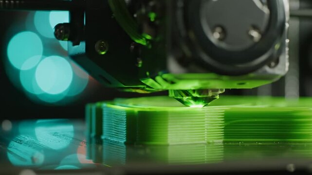 3D printer head extruding vibrant green filament, building a layered object in a close up shot with bokeh lights in background