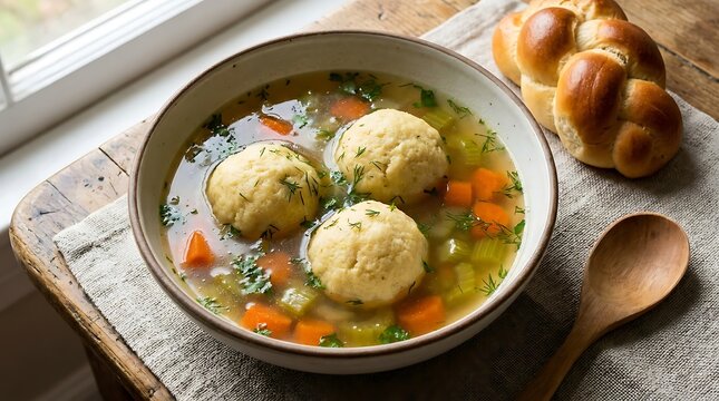 A warm bowl of delicious chicken soup with matzo balls and fresh vegetables on a rustic wooden table. Jewish Cuisine