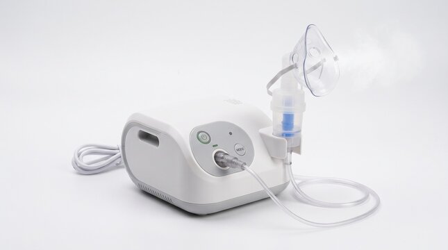 Medical compressor nebulizer machine with mask and mist, portable respiratory inhaler for asthma treatment, white healthcare device