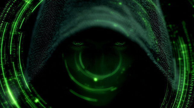 Mysterious hooded hacker gazing intently through glowing green digital interface circles with intense dark shadow lighting