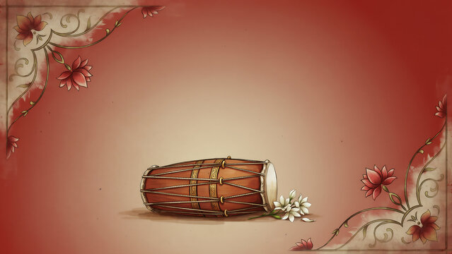 Traditional indian percussion instrument dholak isolated on decorative red background with percussion instrument traditional