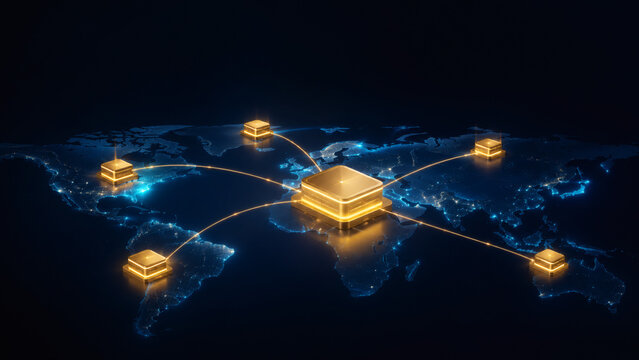 Global Network Hub: A stylized world map illuminated by a network of interconnected glowing nodes, representing a centralized global hub for data and communication.