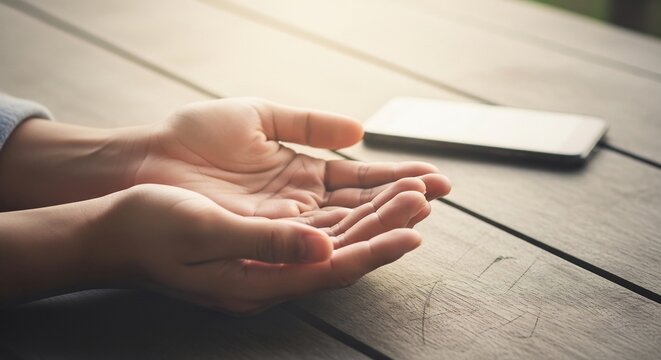 Open Hands and Smartphone: An intimate, high-angle shot captures two open, expectant hands resting on a wooden surface, with a sleek smartphone placed nearby, hinting at anticipation or connection.