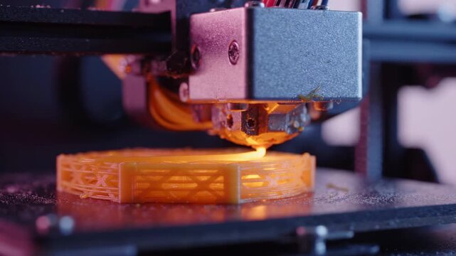 3d printer nozzle extruding molten plastic layer by layer, creating a yellow intricate lattice object, futuristic manufacturing technology