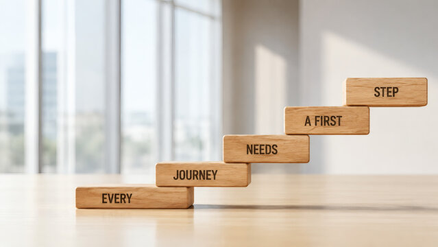 Journey Steps: Wooden blocks stacked like steps display the phrase Every Journey Needs A First Step, symbolizing the start of any endeavor and the importance of initiating a new path.