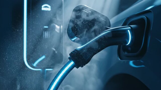 Electric vehicle charging plug inserted into car port with glowing blue lights and rising steam, futuristic transport concept