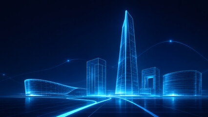 Fototapeta premium Futuristic Cityscape: A dazzling digital blueprint of a modern city unfolds with sleek skyscrapers and flowing light trails, representing innovation and technological advancement.