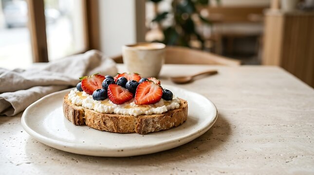 A slice of toasted sourdough topped with creamy ricotta cheese, fresh sliced strawberries, and blueberries served on a ceramic plate on a beige stone table in a bright cafe setting.