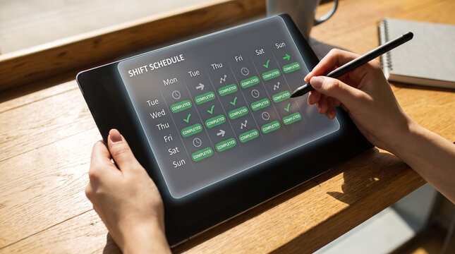 Person using a stylus on a tablet to manage a shift schedule and work calendar interface