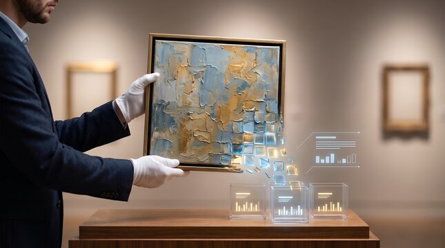 Tokenization of fine art and digital asset management concept showing an appraiser evaluating a painting dissolving into data cubes
