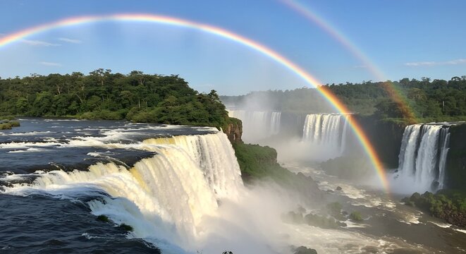 Majestic Waterfalls Under a Double Rainbow: A breathtaking spectacle of cascading waterfalls, framed by lush green rainforests, under a vibrant double rainbow.
