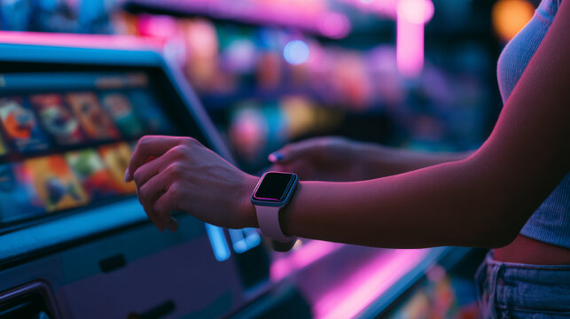 Close-up of a person using a smartwatch for mobile payment at a neon-lit vending machine at night