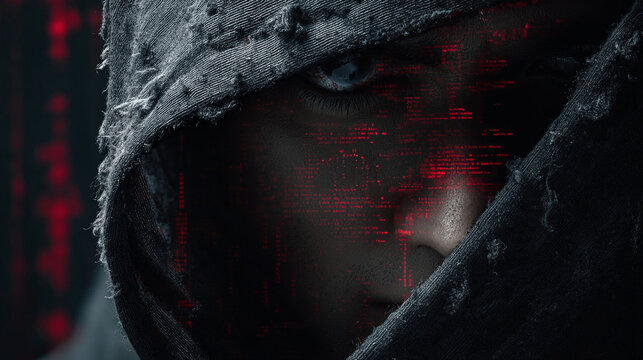 Mysterious hooded figure with intense digital red code reflection on face in dark cinematic style portrait