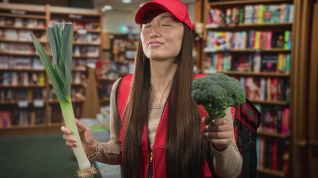 Woman holding a leek and a broccoli, eyes closed, hands extended while wearing red cap and delivery vest with backpack in a bookstore building; calm choice.