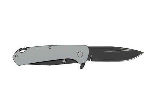 A sharp folding pocket knife with a grey metal handle and black steel blade