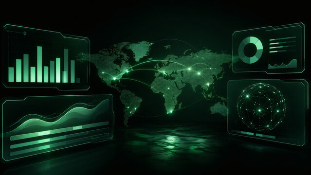 Global Network Data Visualization: A futuristic interface displays a glowing world map with interconnected nodes.
