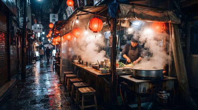 Atmospheric scene of a traditional Japanese yatai street food stall on a rainy night. A chef prepares hot ramen under glowing red lanterns, with thick steam rising from a boiling pot onto the wet,...