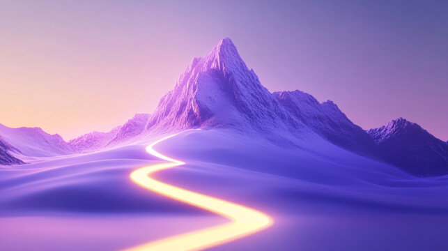 Glowing fluorescent pathway winding through a purple snow covered mountain landscape