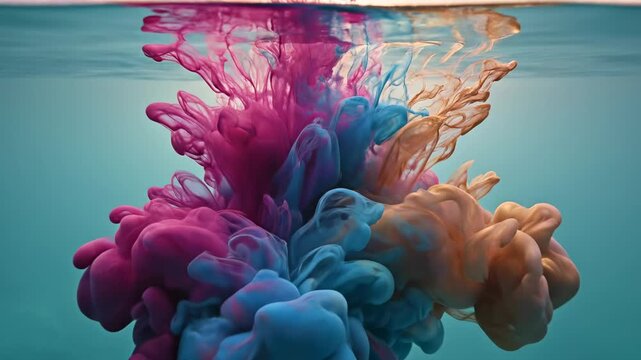 Colorful ink clouds swirling underwater, abstract fluid art, vibrant plumes dissolving in clear turquoise water, dramatic sunset sky backdrop, mesmerizing motion