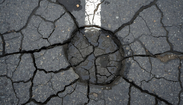 A close-up view of a severely damaged asphalt road surface featuring a large pothole and extensive alligator cracking with a white road marking line running across it.