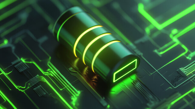 Close-up of green glowing technology electronic components on a circuit board